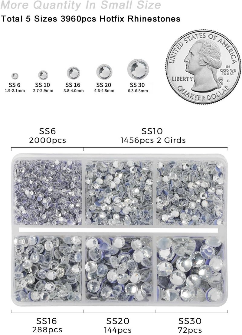 BEADSLAND Hotfix Rhinestones 3960pcs, White Rhinestone for Clothes, Hot Fix Crystals Rhinestones with Tweezers and Wax Pencil Kit,Mixed 5 Sizes, SS6-SS30, Crystal - Image 4